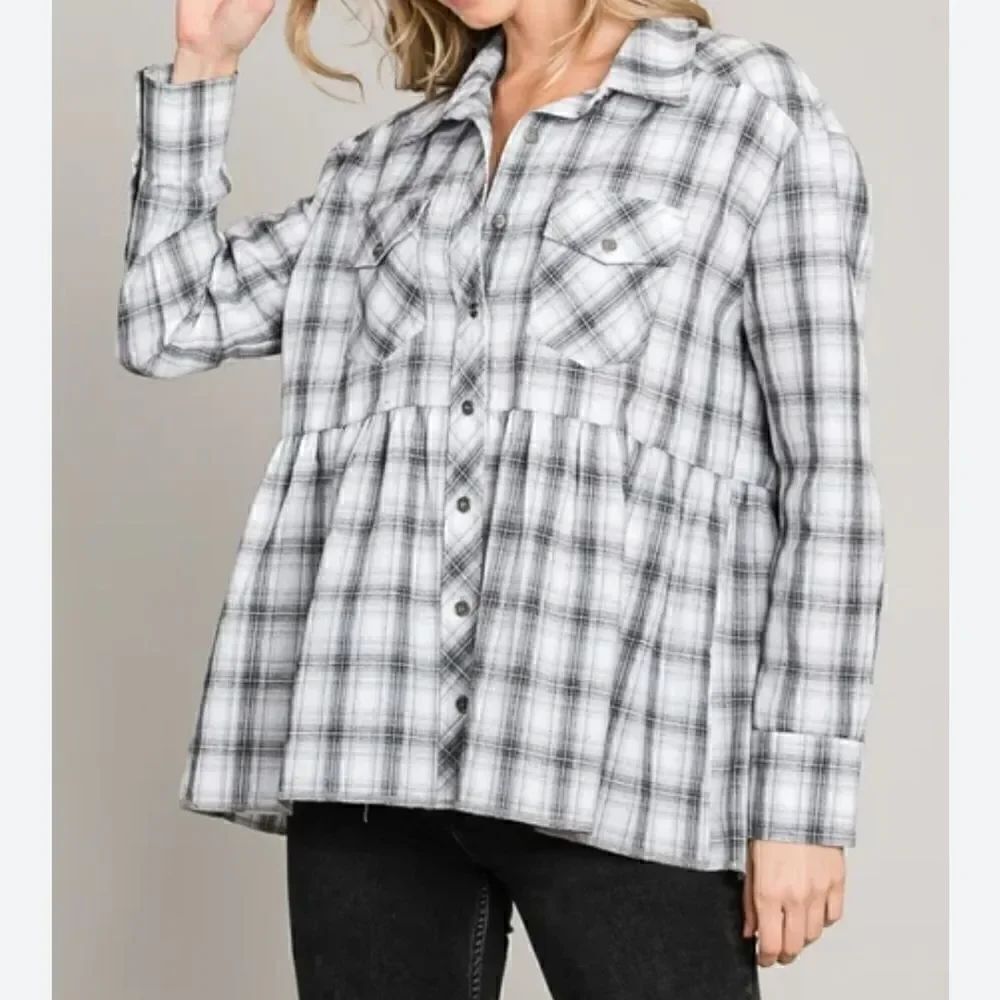 Heyson Peplum Button Down Shirt Jacket White Gray Plaid size Small